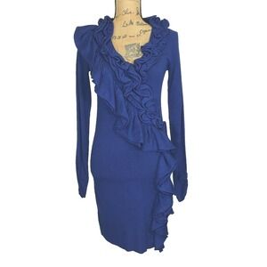 NWT J.Rose Sweater Dress SMALL Deep Blue Ruffle V Neck Faux Wrap Party $60
